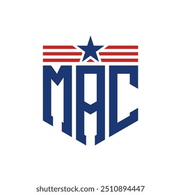 Logotipo Patriotic MAC com Correias Star e American Flag. Letra MAC Logo com Bandeira dos EUA