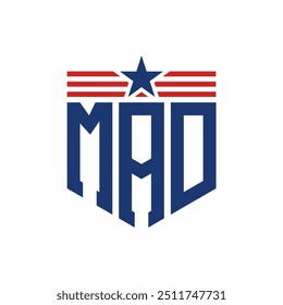 Patriotic MAD Logo with Star and American Flag Straps. Letter MAD Logo with USA Flag