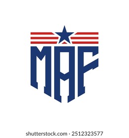 Logotipo patriótico de MAF con correas de estrella y bandera estadounidense. Letra MAF Logo con bandera de Estados Unidos