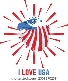 Patriotic Majesty: Eagle Head in American Flag Color Palette on White Background with 'I Love USA' Typography.