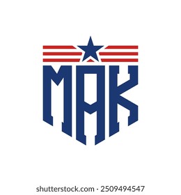 Logotipo Patriótico MAK com Correias de Estrela e Bandeira Americana. Letra MAK Logo com Bandeira dos EUA