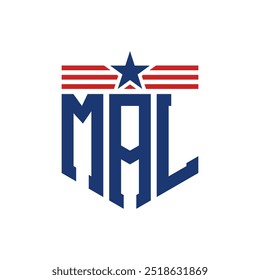 Logotipo Patriotic MAL com Correias Star e Bandeira Americana. Letra MAL Logo com Bandeira dos EUA