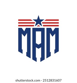 Patriotic MAM Logo with Star and American Flag Straps. Letter MAM Logo with USA Flag