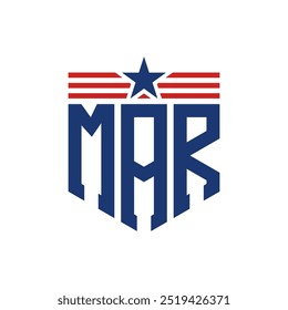 Logotipo Patriotic MAR com Correias Star e Bandeira Americana. Logotipo Carta MAR com Bandeira dos EUA