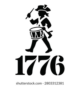 Patriotic marching drummer boy silhouette with 1776 text
