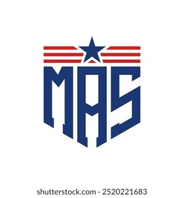 Logotipo Patriotic MAS com Correias Star e Bandeira Americana. Letra MAS Logo com Bandeira dos EUA