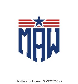 Logotipo patriótico de MAW con correas de estrella y bandera estadounidense. Logo de la letra MAW con bandera de Estados Unidos