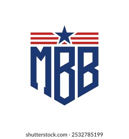 Logotipo patriótico de MBB con correas de estrella y bandera estadounidense. Logotipo de la letra MBB con la bandera de los Estados Unidos