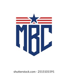 Logotipo patriótico de MBC con correas de estrella y bandera estadounidense. Logotipo de la letra MBC con la bandera de los Estados Unidos