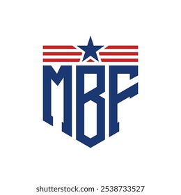 Logotipo patriótico de MBF con correas de estrella y bandera estadounidense. Logotipo de la letra MBF con la bandera de los Estados Unidos