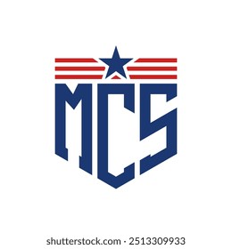 Logotipo patriótico de MCS con correas de estrella y bandera estadounidense. Letra MCS Logo con bandera de Estados Unidos