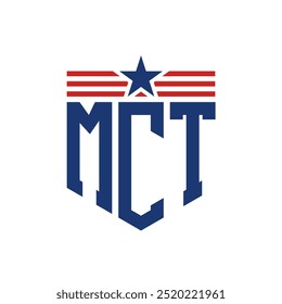 Logotipo patriótico de MCT con correas de estrella y bandera estadounidense. Letra MCT Logo con bandera de Estados Unidos