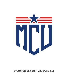 Logotipo patriótico de MCU con correas de estrella y bandera estadounidense. Letra MCU Logo con bandera de EE.UU