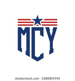 Patriotic MCY Logo with Star and American Flag Straps. Letter MCY Logo with USA Flag