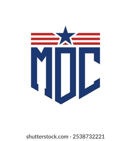 Logotipo patriótico de MDC con correas de estrella y bandera estadounidense. Letra MDC Logo con bandera de Estados Unidos