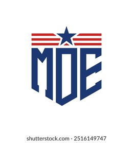 Logotipo patriótico de MDE con correas de estrella y bandera estadounidense. Letra MDE Logo con bandera de EE.UU