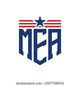 Logotipo patriótico de MEA con correas de estrella y bandera estadounidense. Letra MEA Logo con bandera de Estados Unidos