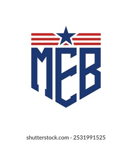 Logotipo patriótico de MEB con correas de estrella y bandera estadounidense. Logo de la letra MEB con bandera de Estados Unidos