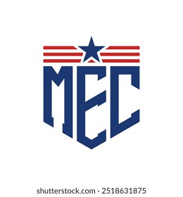 Patriotisches MEC-Logo mit Stern und amerikanischen Flaggenriemen. Letter MEC Logo mit USA Fahne