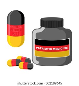 Patriotic medicine Germany. Pills with a German flag. Vector illustration. Medical bottle tablets