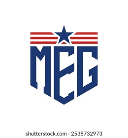 Logotipo patriótico de MEG con correas de estrella y bandera estadounidense. Logotipo de la letra MEG con la bandera de los Estados Unidos