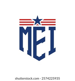 Patriotic MEI Logo with Star and American Flag Straps. Letter MEI Logo with USA Flag