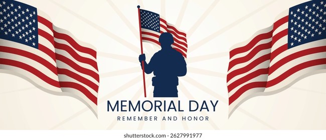 Patriotic Memorial Day Banner, Honoring Military Service
With Soldier Silhouette and US Flags