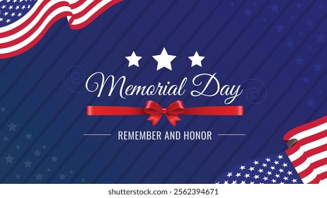 Patriotic Memorial Day design featuring a blue background with stars, stripes, and a red ribbon. Perfect for themes of remembrance, honor, and American pride. Ideal for banners, flyers, digital media