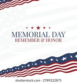 Patriotic Memorial Day design featuring a subtle American flag background, red and blue stars and stripes, and bold 