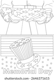 Patriotic Memorial Day line art featuring a folded American flag, a star-spangled top hat, and scattered stars, ideal for honoring remembrance and national pride.