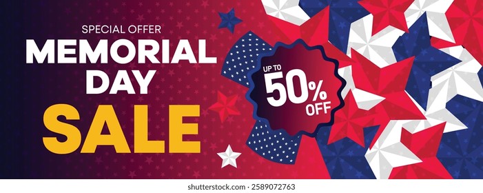 Patriotic Memorial Day sale banner with red, white, and blue stars and 50% off offer for promotions, sales events, and online advertisements