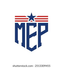 Logotipo patriótico del MEP con correas de estrella y bandera estadounidense. Letra MEP Logo con bandera de Estados Unidos