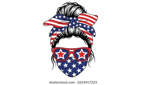Patriotic messy bun with sunglasses and face mask american flag theme