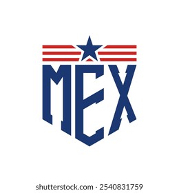 Logotipo Patriótico MEX com Correias de Estrela e Bandeira Americana. Letra MEX Logo com Bandeira dos EUA