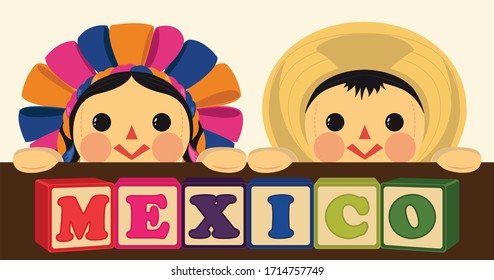 Muñecas tradicionales mexicanas patrióticas - Ilustración vectorial - Espacio para copiar