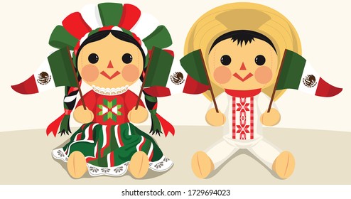 Patriotic Mexican Traditional RagDolls – Vector Illustration