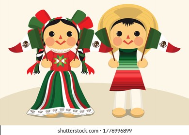 Patriotic Mexican Traditional Ragdolls – Vector Illustration
