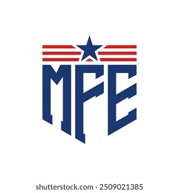 Logotipo patriótico de MFE con correas de estrella y bandera estadounidense. Letra MFE Logo con bandera de EE.UU