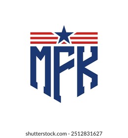 Logotipo patriótico de MFK con correas de estrella y bandera estadounidense. Letra MFK Logo con bandera de EE.UU