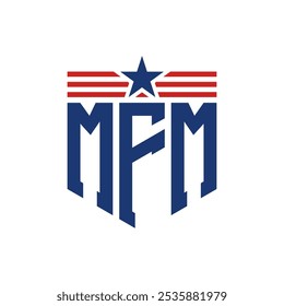 Logotipo patriótico de MFM con correas de estrella y bandera estadounidense. Letra MFM Logo con bandera de EE.UU.