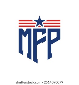 Logotipo patriótico de MFP con correas de estrella y bandera estadounidense. Letra MFP Logo con bandera de EE.UU.