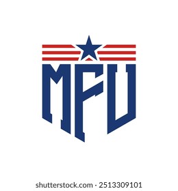 Logotipo patriótico de MFU con correas de estrella y bandera estadounidense. Logo de la letra MFU con bandera de Estados Unidos