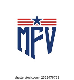 Logotipo patriótico de MFV con correas de estrella y bandera estadounidense. Logo de la letra MFV con bandera de Estados Unidos