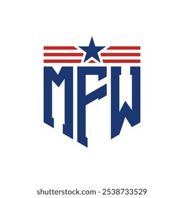 Logotipo patriótico de MFW con correas de estrella y bandera estadounidense. Letra MFW Logo con bandera de Estados Unidos