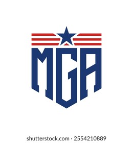 Patriotic MGA Logo with Star and American Flag Straps. Letter MGA Logo with USA Flag