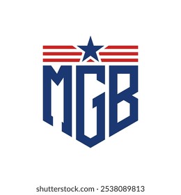 Logotipo patriótico de MGB con correas de estrella y bandera estadounidense. Letra MGB Logo con bandera de EE.UU.