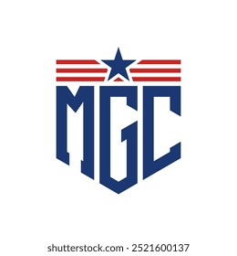 Logotipo patriótico de MGC con correas de estrella y bandera estadounidense. Letra MGC Logo con bandera de EE.UU