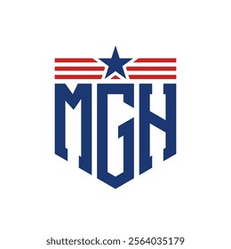 Patriotic MGH Logo with Star and American Flag Straps. Letter MGH Logo with USA Flag