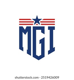 Logotipo patriótico de MGI con correas de estrella y bandera estadounidense. Letra MGI Logo con bandera de Estados Unidos