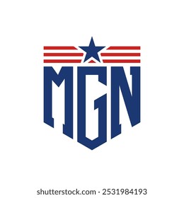 Logotipo patriótico de MGN con correas de estrella y bandera estadounidense. Letra MGN Logo con bandera de Estados Unidos